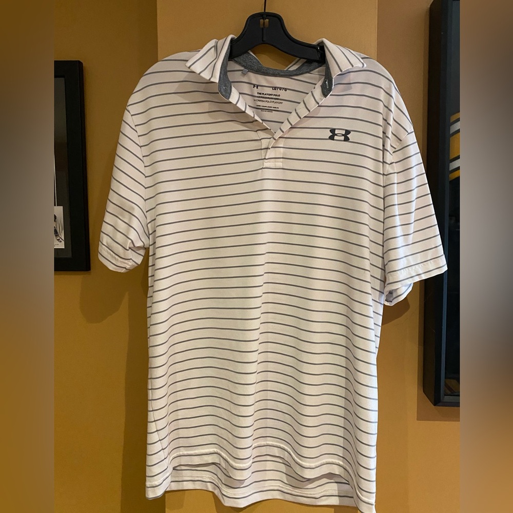 Under armour white grey striped L golf shirt
